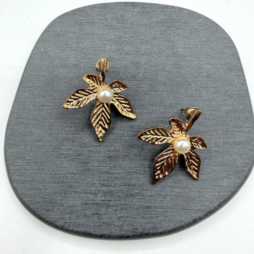 Gold Tone Pearl Leaf Drop Earrings Botanical Cottagecore Statement Jewelry Gift